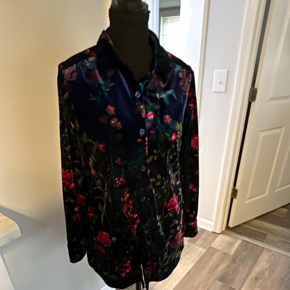 Belle Kim Gravely Women's Navy Velvet Floral Collared Button-Up Lg Sleeve XXS